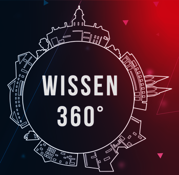 Grafik in Blau Magenta mit Schriftzug und Logo zur Veranstaltung Wissen 360 Grad Virtuelle Thementage an der Hochschule Harz
